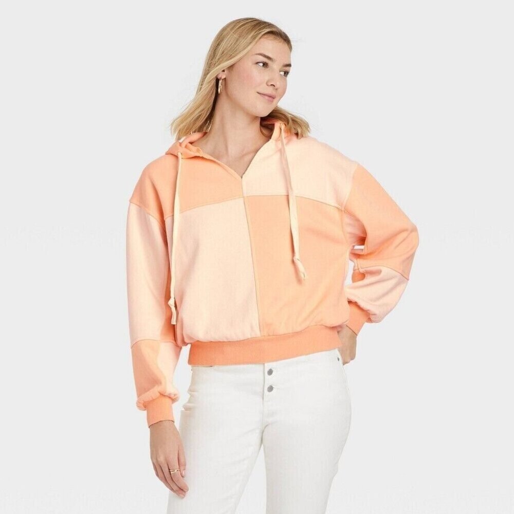 Universal Thread Women's Long Sleeve Pullover Patchwork Hoodie Orange XSmall NWT